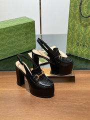 GG WOMEN'S HORSEBIT PLATFORM LOAFER SLINGBACK IN BLACK EMBOSSED CALFSKIN