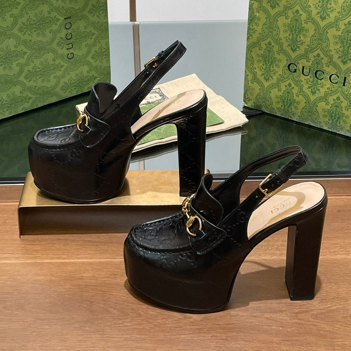 GG WOMEN'S HORSEBIT PLATFORM LOAFER SLINGBACK IN BLACK EMBOSSED CALFSKIN