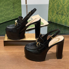 GG WOMEN'S HORSEBIT PLATFORM LOAFER SLINGBACK IN BLACK EMBOSSED CALFSKIN