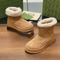 GG SNOW BOOTS IN CIDER BROWN EMBOSSED SUEDE AND BEIGE WOOL LINING
