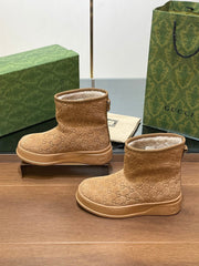 GG UGG BOOTS IN CIDER BROWN EMBOSSED SUEDE AND BEIGE WOOL LINING