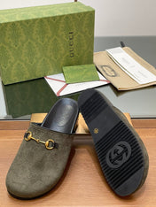 GG HORSEBIT MULE IN KHAKI GREEN EMBOSSED SUEDE AND SHEEPSKIN LINING