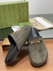 GG HORSEBIT MULE IN KHAKI GREEN EMBOSSED SUEDE AND SHEEPSKIN LINING