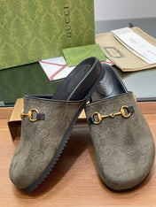GG HORSEBIT MULE IN KHAKI GREEN EMBOSSED SUEDE AND SHEEPSKIN LINING