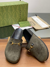 GG HORSEBIT MULE IN KHAKI GREEN EMBOSSED SUEDE AND SHEEPSKIN LINING