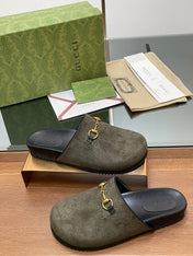 GG HORSEBIT MULE IN KHAKI GREEN EMBOSSED SUEDE AND SHEEPSKIN LINING