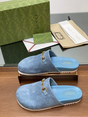 GG HORSEBIT MULE IN LIGHT BLUE EMBOSSED SUEDE AND SHEEPSKIN LINING