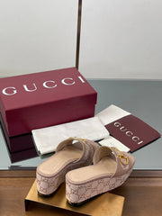 HIGH 6.3 CM WEDGE SANDALS IN DUSTY PINK CALFSKIN AND FABRIC