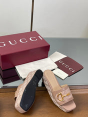 HIGH 6.3 CM WEDGE SANDALS IN DUSTY PINK CALFSKIN AND FABRIC