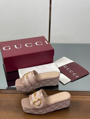 HIGH 6.3 CM WEDGE SANDALS IN DUSTY PINK CALFSKIN AND FABRIC