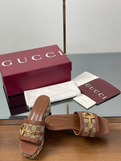 HIGH 6.3 CM WEDGE SANDALS IN BROWN CALFSKIN AND FABRIC