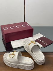 HIGH 5.5 CM WEDGE SANDALS IN CREAM WHITE CALFSKIN AND FABRIC