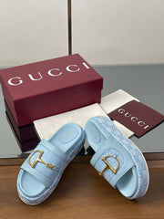 HIGH 5.5 CM WEDGE SANDALS IN BLUE CALFSKIN AND FABRIC