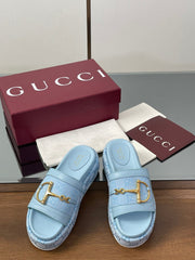 HIGH 5.5 CM WEDGE SANDALS IN BLUE CALFSKIN AND FABRIC