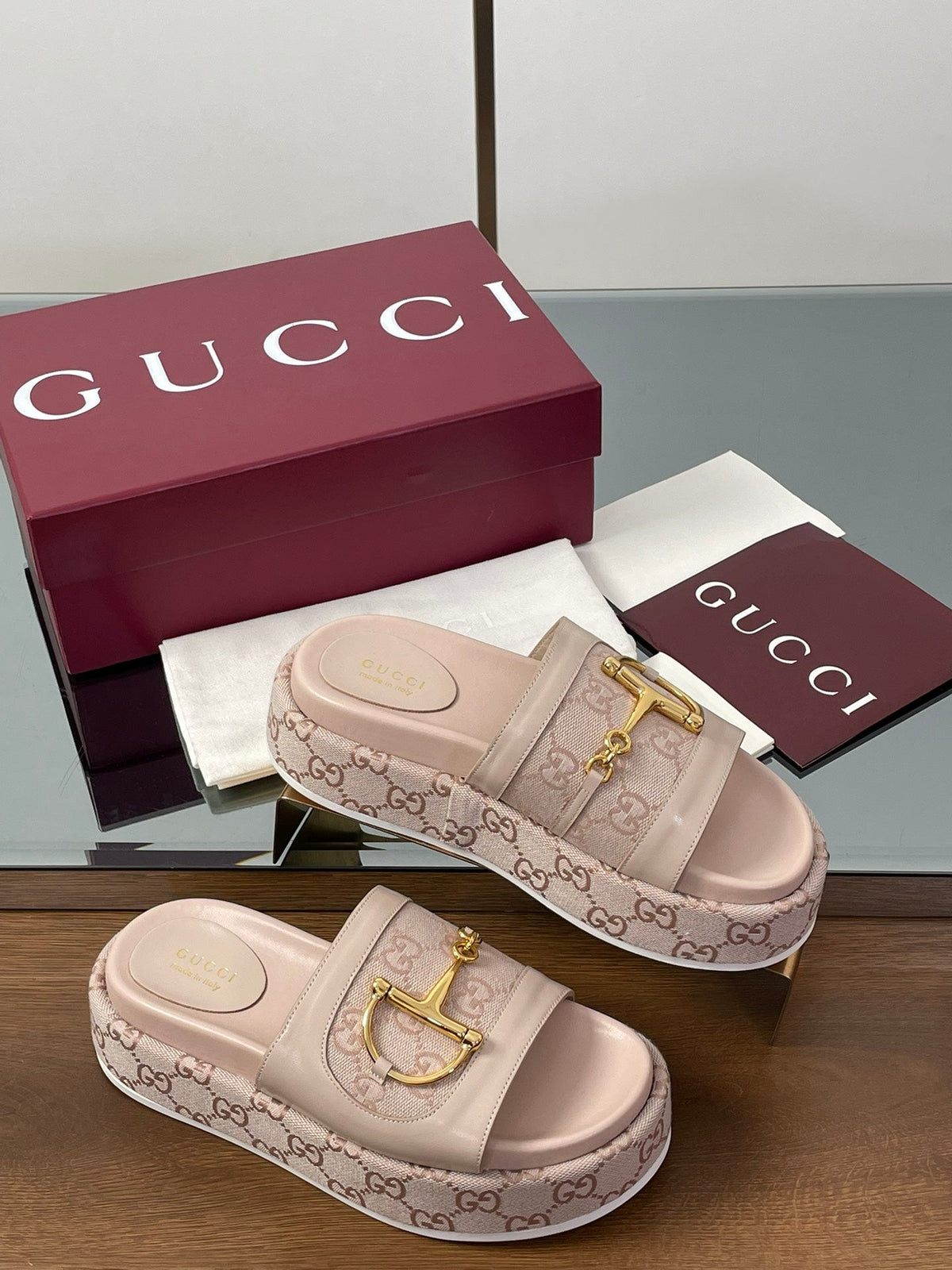 HIGH 5.5 CM WEDGE SANDALS IN LIGHT PINK CALFSKIN AND FABRIC