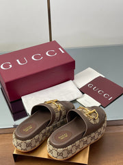 HIGH 5.5 CM WEDGE SANDALS IN BROWN MIX BEIGE CALFSKIN AND FABRIC