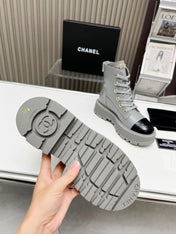 SHORT BOOTS IN SLATE GREY MIX BLACK COWHIDE