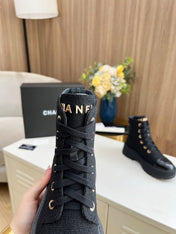 SHORT BOOTS IN BLACK TWEED AND CALFSKIN