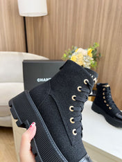 SHORT BOOTS IN BLACK TWEED AND CALFSKIN