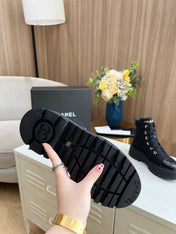 SHORT BOOTS IN BLACK TWEED AND CALFSKIN