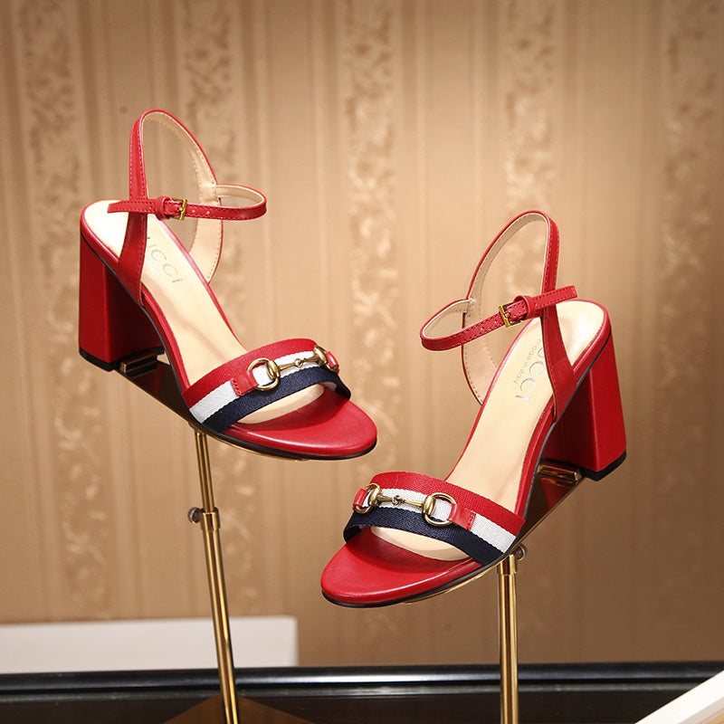 GG HIGH HEELS SANDAL 80 IN RED CALFSKIN MIX FABRIC