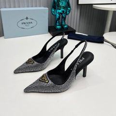 HIGH-HEEL SLING BACK PUMPS IN BLACK SATIN WITH WHITE CRYSTALS