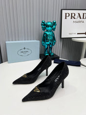 CRYSTAL HIGH-HEEL PUMPS IN BLACK SATIN WITH TRIANGLE LOGO