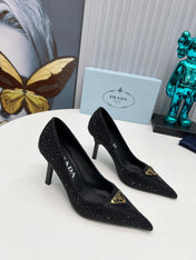 CRYSTAL HIGH-HEEL PUMPS IN BLACK SATIN WITH TRIANGLE LOGO