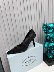 CRYSTAL HIGH-HEEL PUMPS IN BLACK SATIN WITH TRIANGLE LOGO