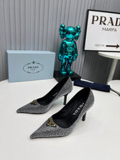 TRIANGLE LOGO HIGH-HEEL PUMPS IN BLACK SATIN WITH WHITE CRYSTALS