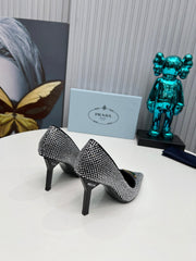 TRIANGLE LOGO HIGH-HEEL PUMPS IN BLACK SATIN WITH WHITE CRYSTALS