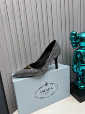 TRIANGLE LOGO HIGH-HEEL PUMPS IN BLACK SATIN WITH WHITE CRYSTALS