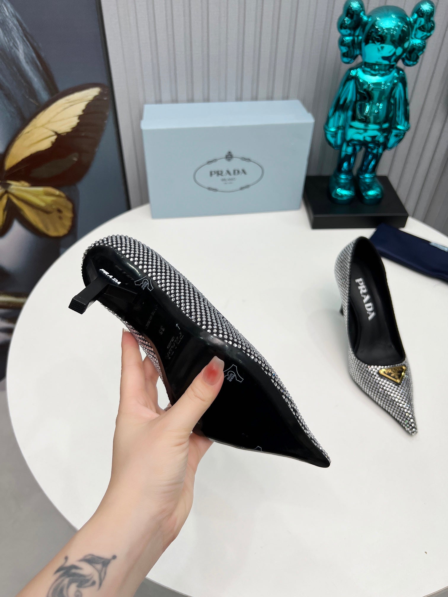 TRIANGLE LOGO HIGH-HEEL PUMPS IN BLACK SATIN WITH WHITE CRYSTALS