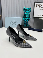 TRIANGLE LOGO HIGH-HEEL PUMPS IN BLACK SATIN WITH WHITE CRYSTALS