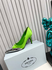 HIGH POINTED-TOE PUMPS IN LIME GREEN MIX SILVER SATIN