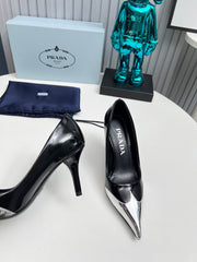 HIGH POINTED-TOE PUMPS IN SILVER MIX BLACK GLOSSY CALFSKIN