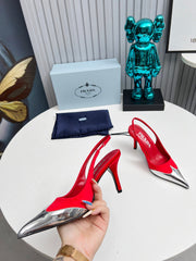 HIGH SLING BACK PUMPS IN SILVER MIX RED SATIN