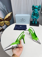 HIGH SLING BACK PUMPS IN SILVER MIX LIME GREEN SATIN