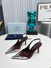 HIGH SLING BACK PUMPS IN SILVER MIX CHOCOLATE SATIN