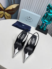 HIGH SLING BACK PUMPS IN SILVER MIX BLACK SATIN