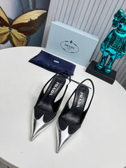 HIGH SLING BACK PUMPS IN SILVER MIX BLACK SATIN