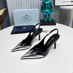 HIGH SLING BACK PUMPS IN SILVER MIX BLACK GLOSSY CALFSKIN