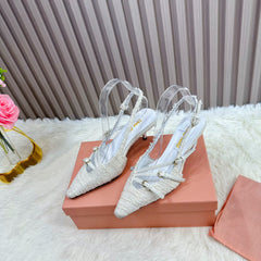 CROSS STRAP HIGH HEELED SLINGBACK IN BEIGE TWEED