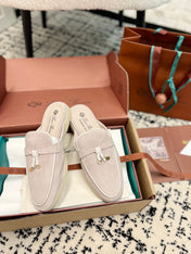 Loro Piana Light Grey White Suede Charms Walk Flat Mules
