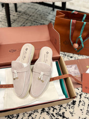 Loro Piana Light Grey White Suede Charms Walk Flat Mules