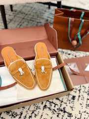 Loro Piana Salmon White Suede Charms Walk Flat Mules