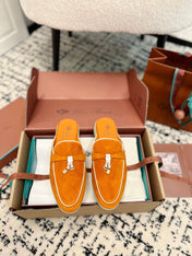 Loro Piana Carrot White Suede Charms Walk Flat Mules