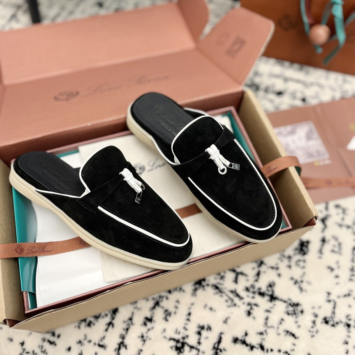 Loro Piana Black White Suede Charms Walk Flat Mules