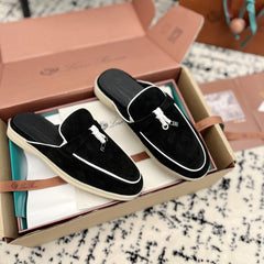 Loro Piana Black White Suede Charms Walk Flat Mules