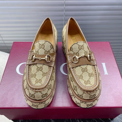 HORSEBIT PLATFORM LOAFER IN TAN BEIGE MONOGRAM JACQUARD FABRIC